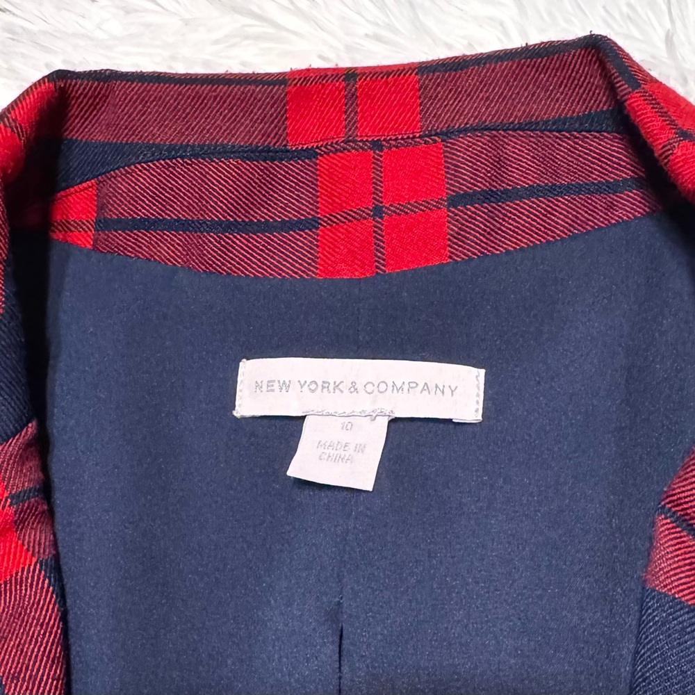 New York and Company Red and Navy Blue Plaid Blazer - Picture 7 of 8